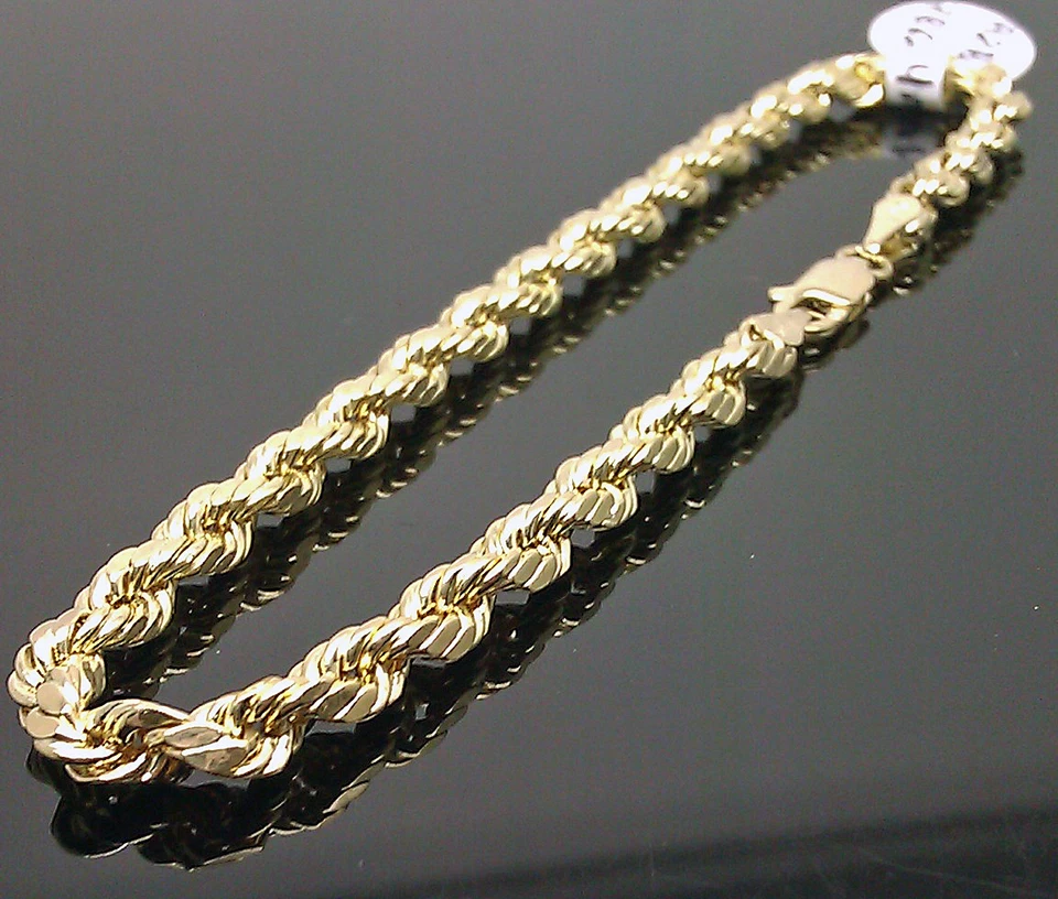 Brazalete de cuerda de oro amarillo de 10k real de 4 mm 8 pulgadas para hombres y mujeres corte de diamante a la venta Foto 2 de 4