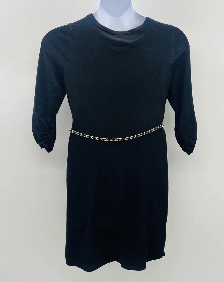 NY Collection Womens Size Large 3/4 Sleeve Sweater Dress with Chain Belt Black - Image 4 of 4