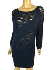 Ann Taylor Sz M Navy Blue Open Weave Dress (Needs Slip) Cotton/Nylon Long Sleeve
