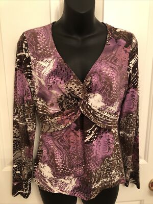 ETCETERA Brown Purple Ivory  Print Pullover Twist Front Top Size M NWOT