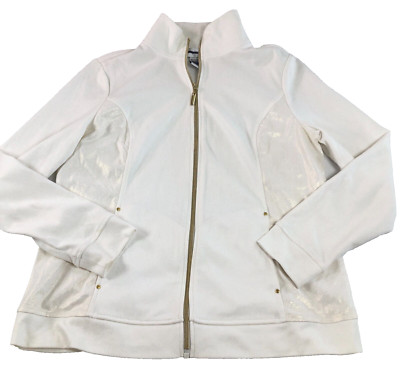 Cathy Daniels Womens Jacket Size 8 Ivory Full Gold Zip Stand Up Collar Pockets