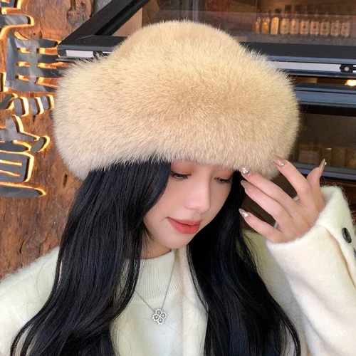 Women's Real Mink Fur Hat Bucket Hat Bowler Hat Warm Cap W Fox Fur Outdoor - Picture 9 of 44