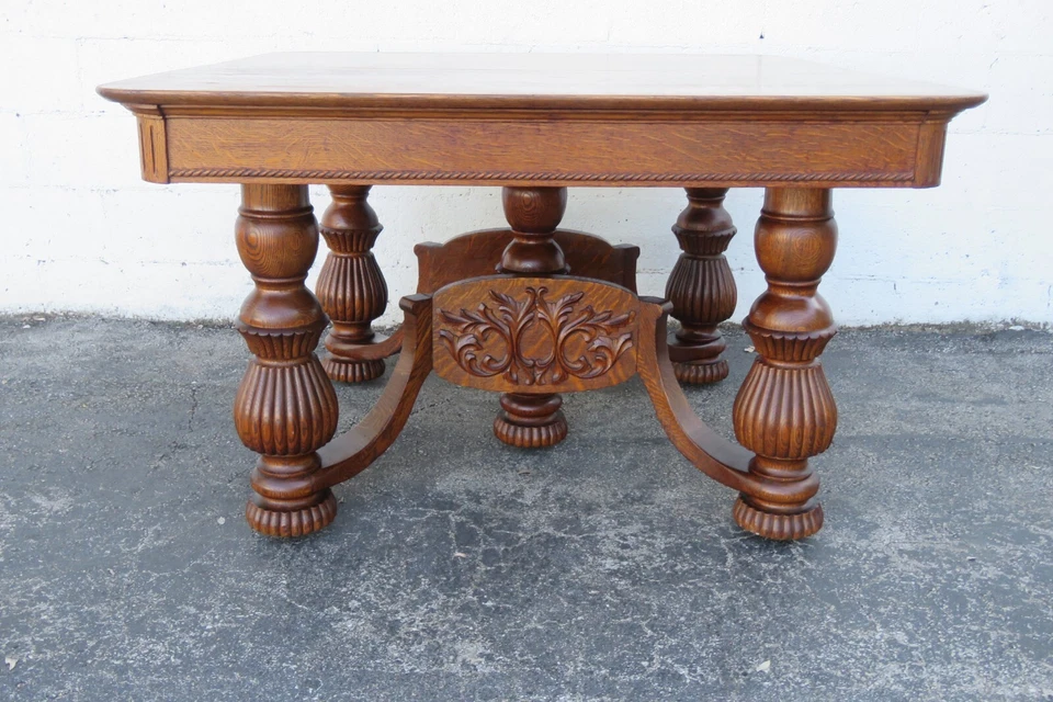 Victorian 1880s Tiger Oak Heavy Carved Dinette Dining Table and 3 Leaves 5754 - Image 4 of 4