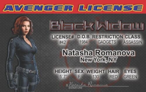 Black Widow / Scarlett Johanssen/ the Avengers Marvel Comic card Drivers License - Picture 1 of 1