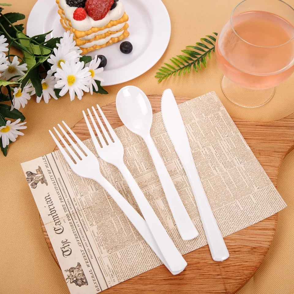 100/600/1200 Reusable Plastic Forks Spoons Knives Heavy Duty White Cutlery Party - image 4 of 4