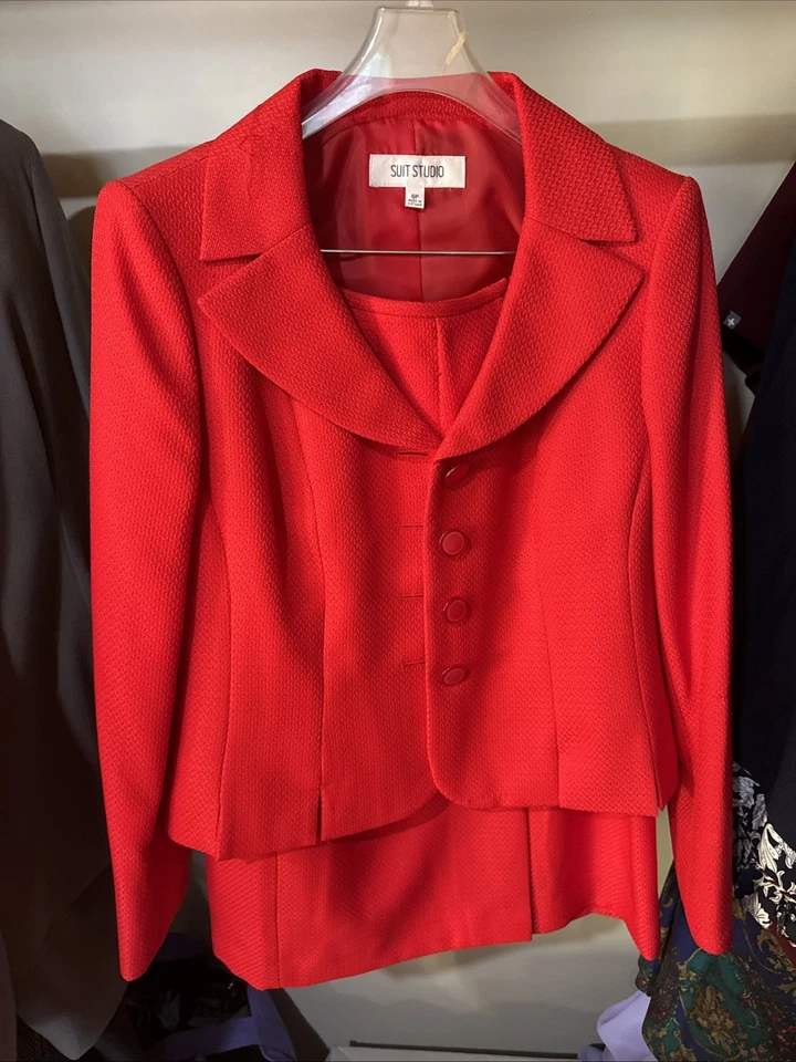 Traje Studio Rojo Traje Talla 6p Falda Lápiz Manga Larga Chaqueta Forrada Poliéster Foto 2 de 4