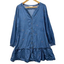 Jane + Delancey Floral Embroidered Denim Shirt Dress Womens Medium Blue Ruffle