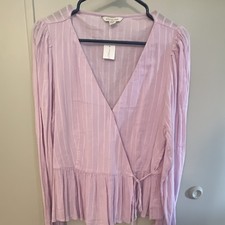 American Eagle Pink Striped V-Neck Tie Wrap B...