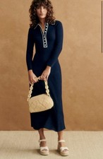 Sezane LÉANDRE DRESS Navy Size Small New Midi Ribbed Polo Dress