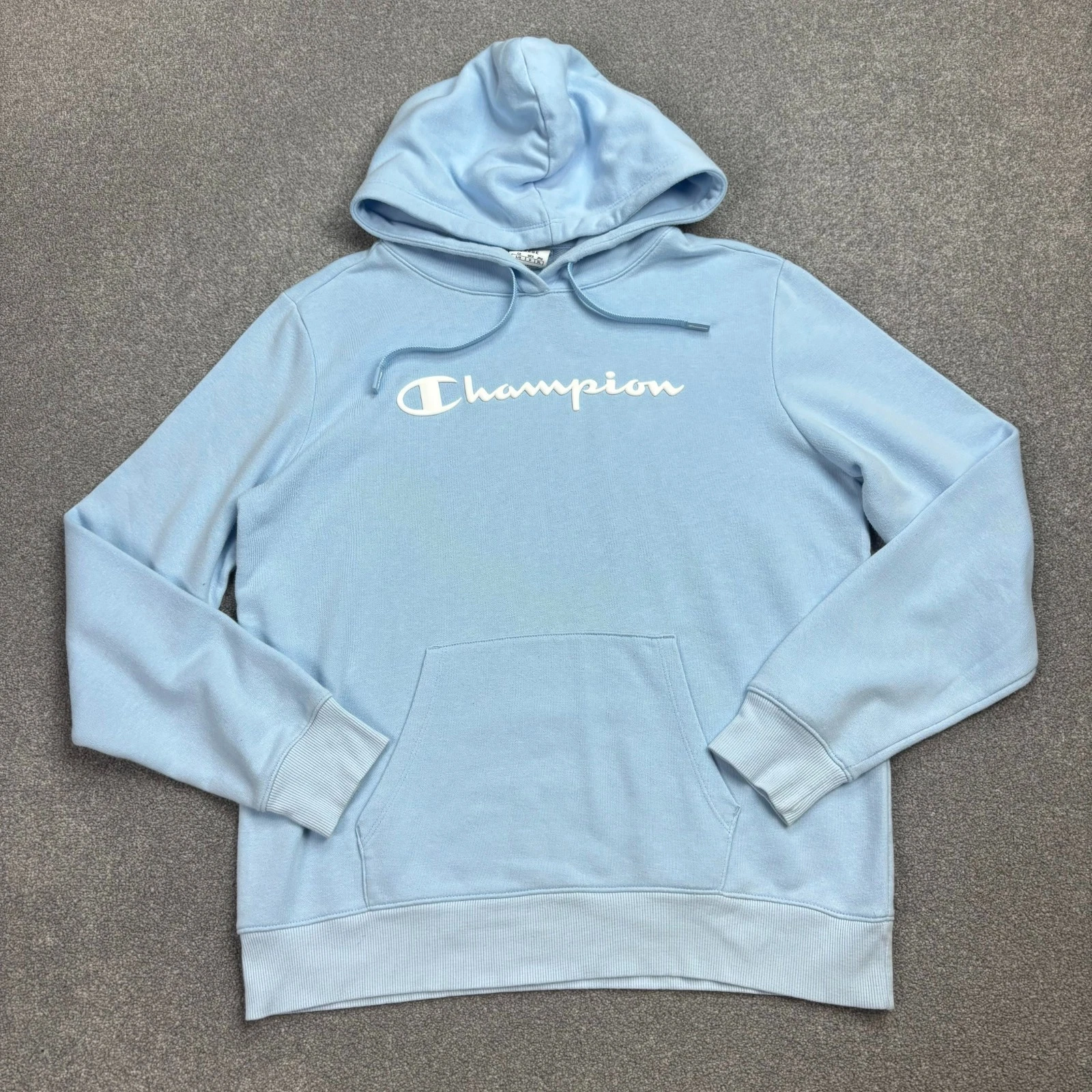 Champion Jumper Womens Large Blue Outdoors USA 90s Logo Hoodie Pullover Lady