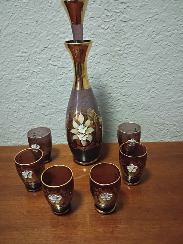 Vintage Murano Amethyst Purple Glass Liqueur Decanter Set 6 Glasses 