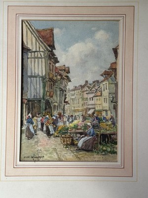 Antikes Aquarell Französischer Markt ''Ein Marktplatz, Lamellen'' J.W. Milliken 