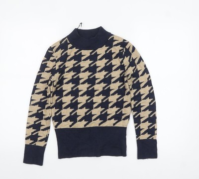 Marks and Spencer Damen Beige & Marine Stehkragen Hahnentritt Pullover Größe 8