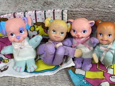 VTG 90s Toy Biz Teeny Tiny Tumbles Surprise Doll Cat Dog - Lot of 4 w/ Blankets