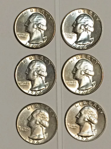 Beautiful set of 6 Uncirculated Washington Quarters,mix of 4-1964-P, 2-1964-D