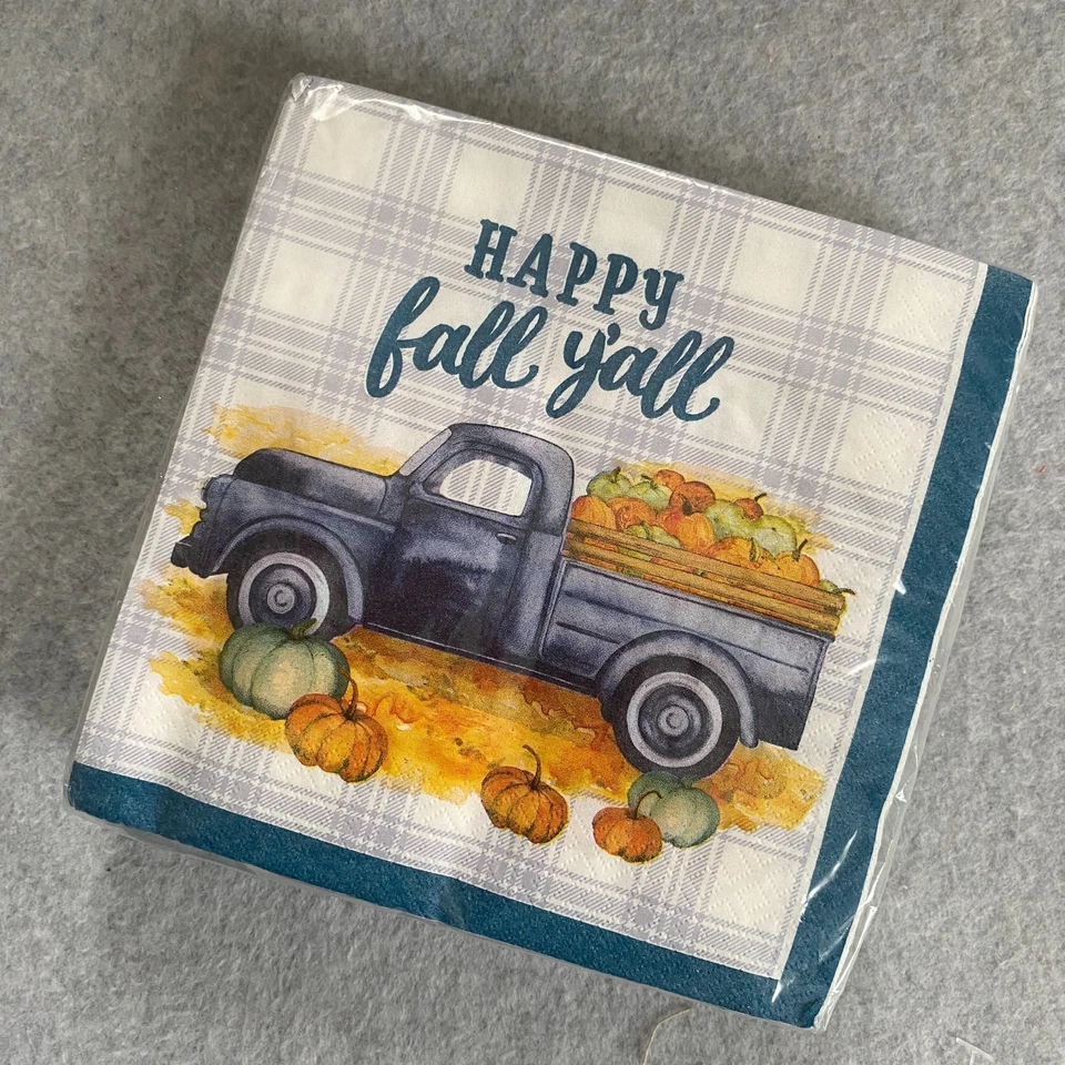Servilletas de almuerzo de otoño 32 unidades Happy Fall Y'all azul a cuadros camión calabazas NUEVO Foto 2 de 4