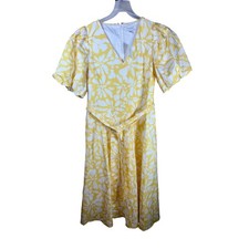 Banana Republic Yellow White Floral Batik Puff Sleeve Midi Dress Pockets NWT M