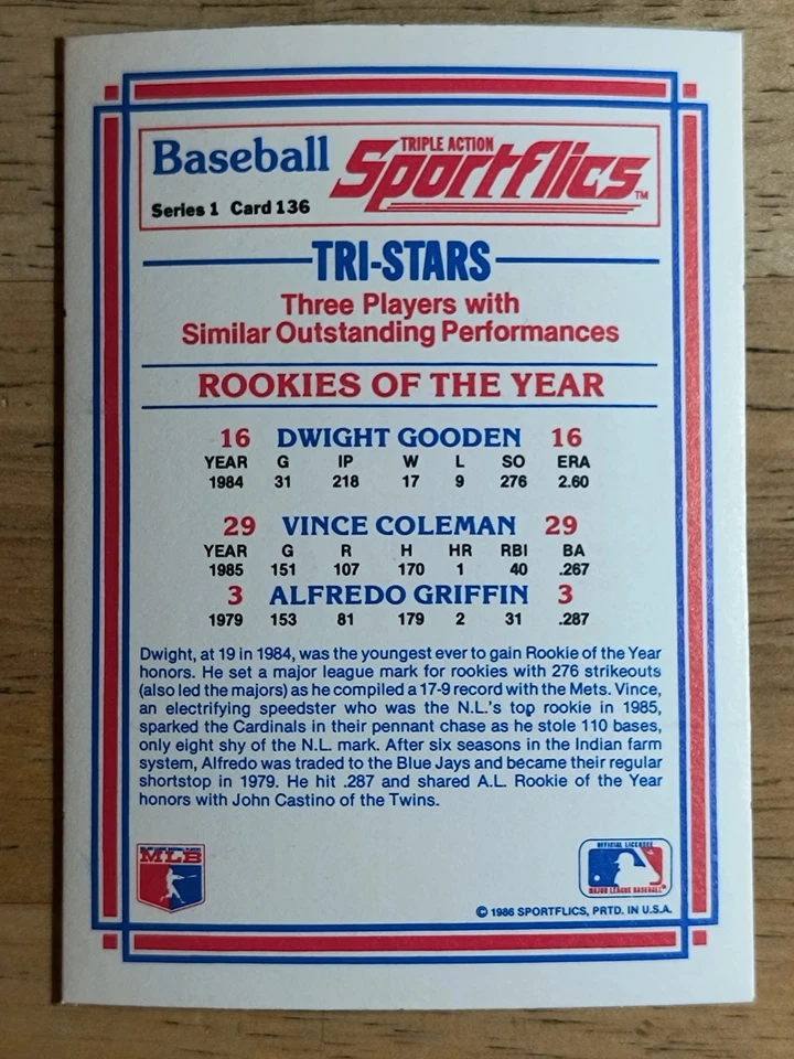 1986 Sportflics #136 Vince Coleman/Dwight Gooden/Alfredo Griffin - Image 2 of 2