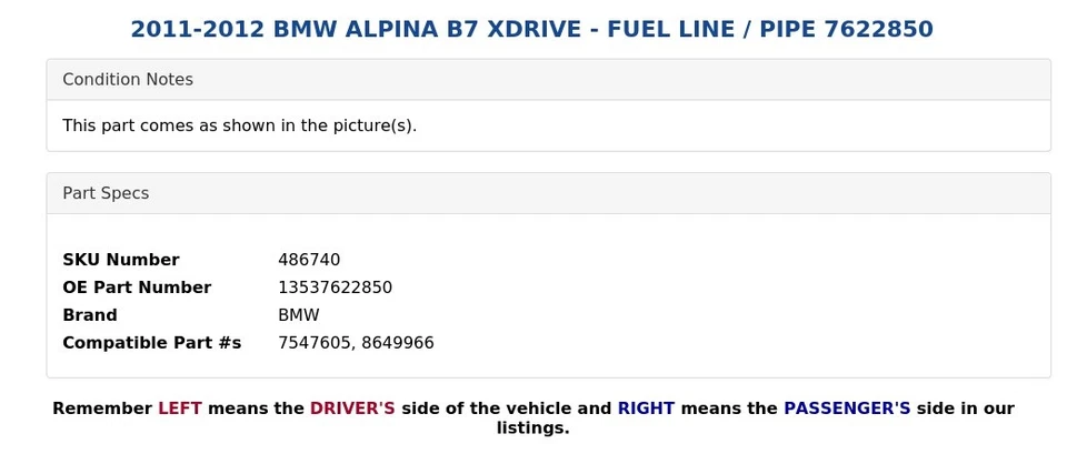 BMW ALPINA B7 XDRIVE 2011-2012 - línea de combustible/tubo 7622850 Foto 3 de 4