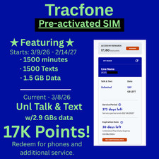  Pre-activated Tracfone 1-year Service 1500 tlk  Text w/1.5GB data  17k pnts