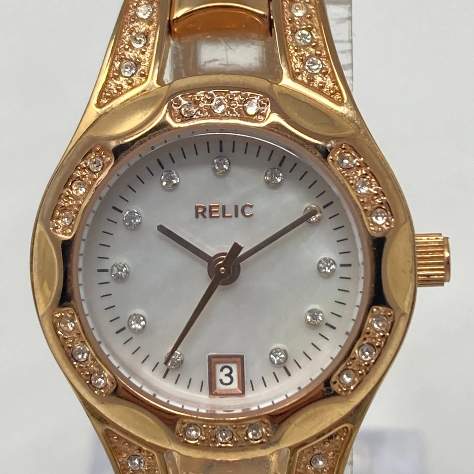 Relic Watch Women 25mm Rose Gold Tone Date Crystals Bling MOP New Battery 6.25" - Image 2 of 4