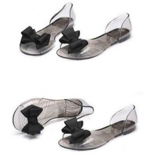Womens Flat Open Toe Crystal Shoes Jelly Bows PVC Transparency Sandals Slippers