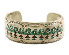 Men Navajo Bracelet 925 Silver Inlaid Coral  Turquoise Artist Signed LB C.80's