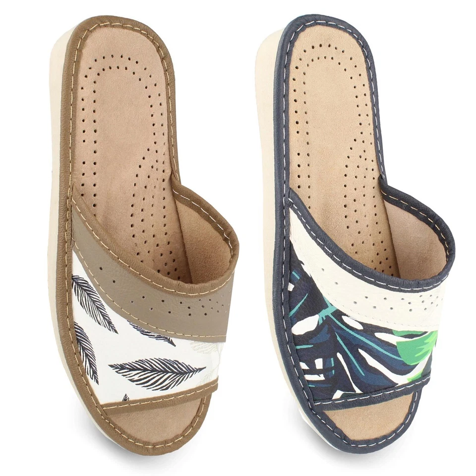 Hausschuhe Damen Leder offen Blatt Feder Muster Open-Toe Gr. 36-41 filsko Karvia