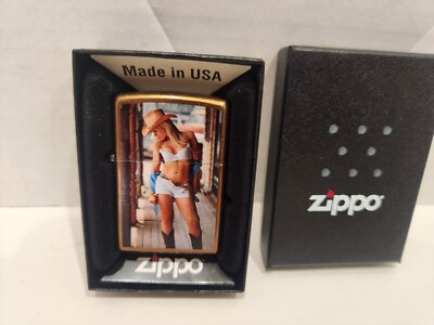 New Zippo Pin-up COWGIRL in WHITE SKIRT Gold Lighter Sealed 2013