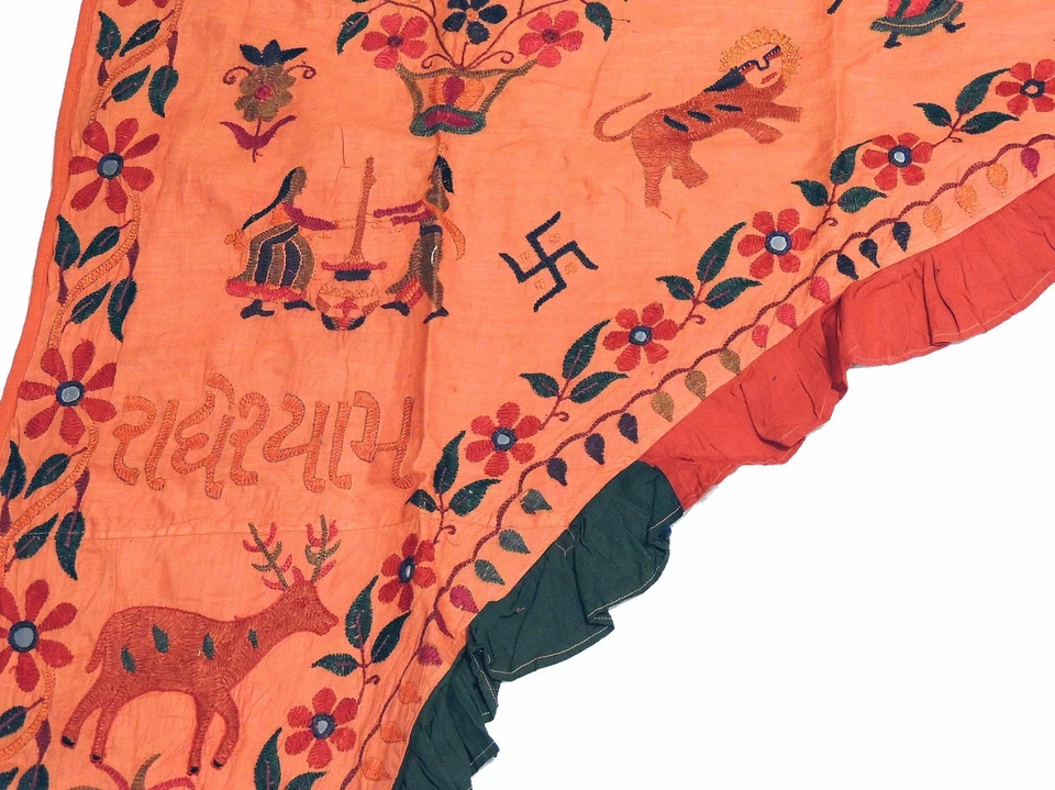 Enorme cenefa naranja bordada puerta ventana puerta Ganesha vintage 77"x58" Foto 4 de 4