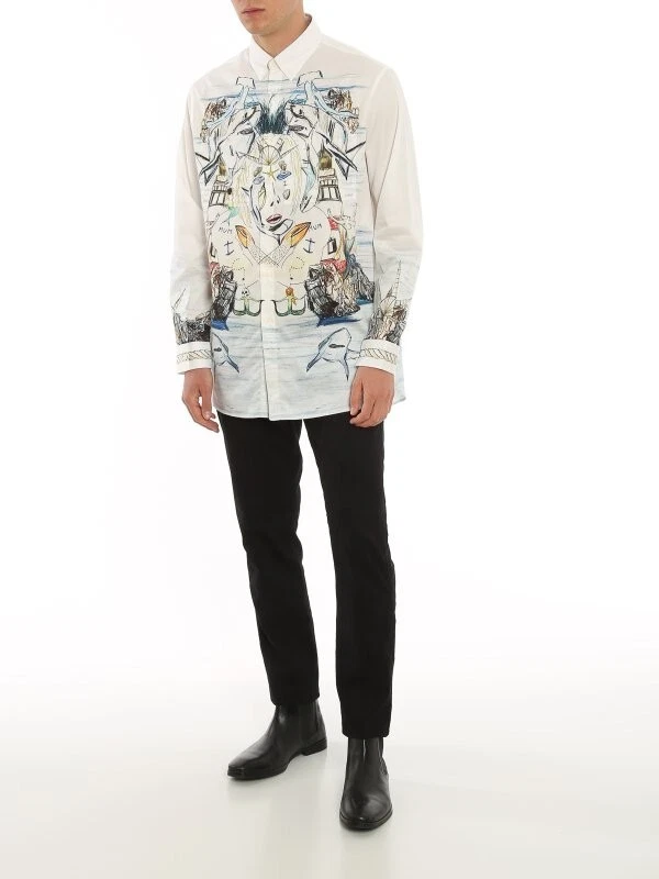 Burberry — BURBERRY Mens XL Marine Sketch Printed Button-Down Long-Sleeve Shirt, White