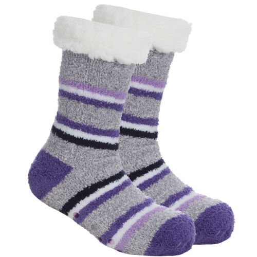 Ladies Warm Socks Striped Purple Thermal Slipper Socks Chunky Sherpa Fleece UK - Picture 1 of 5