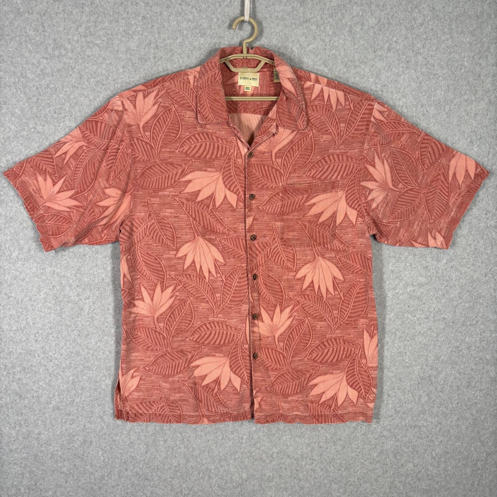 Joseph Feiss Men's 2XL Red Silk Hawaiian Tiki Palm Camp Shirt Faded Vintage Style