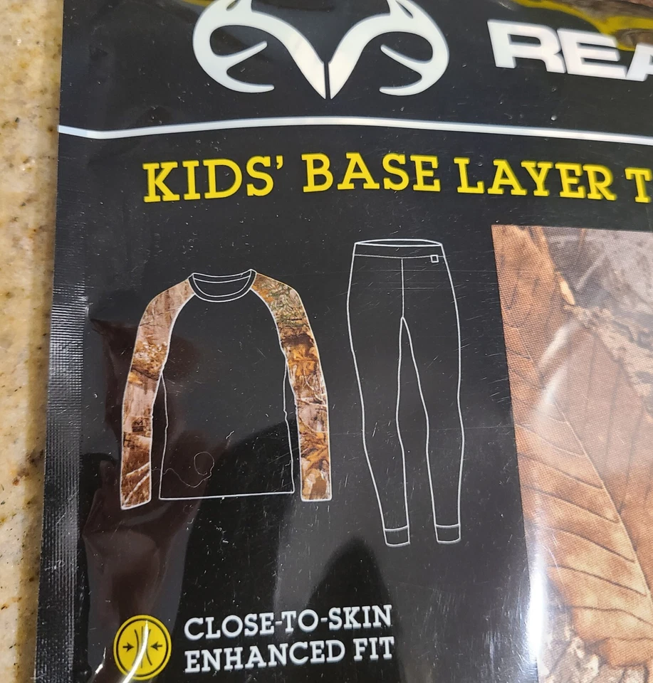 New! RealTree Youth Size M Base Layer Top & Pants Set Brown Camo Sticks Leaves - Image 3 of 4