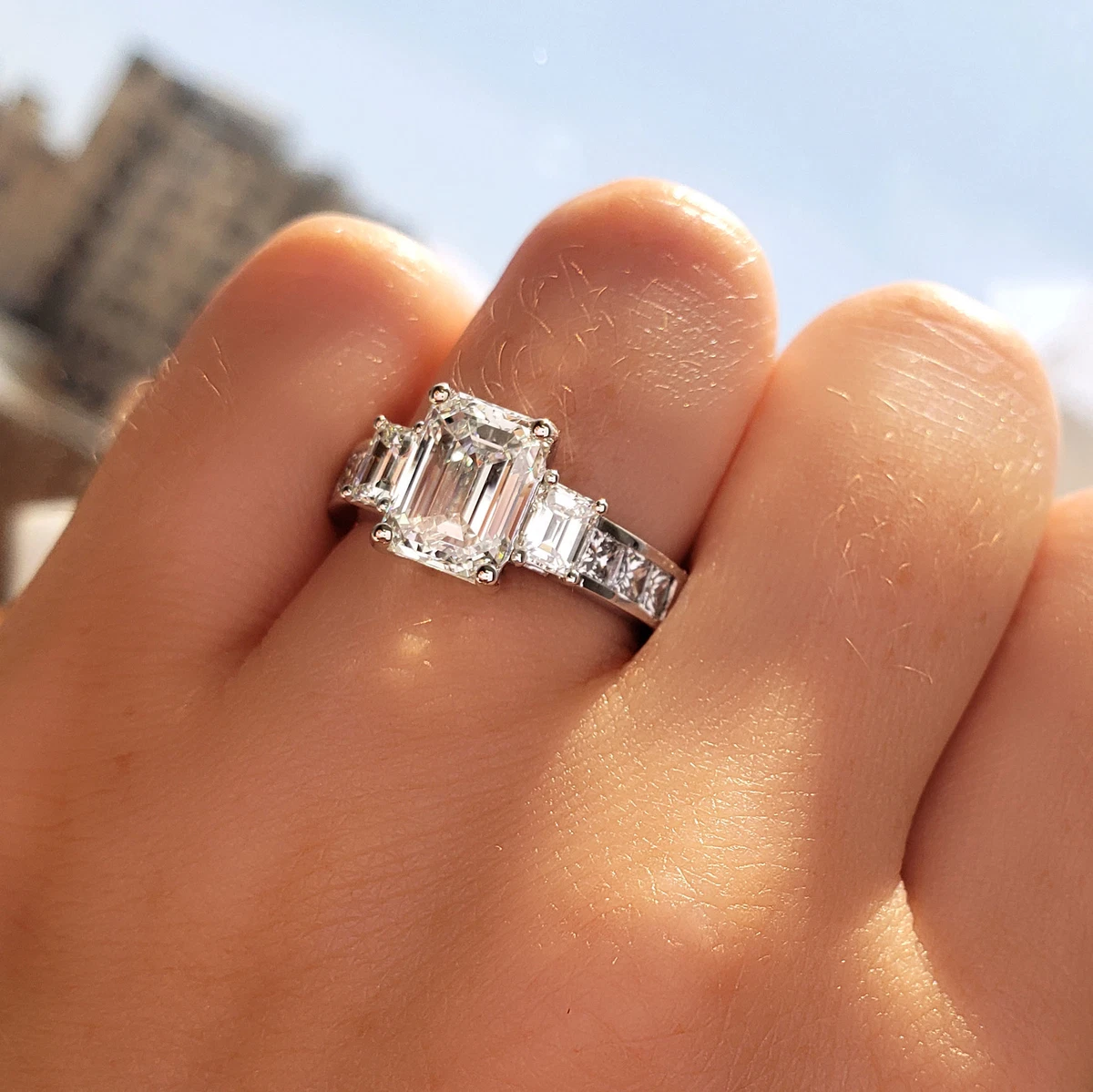 2 Carat Emerald Cut 3 Stone Diamond Engagement Ring GIA Certified