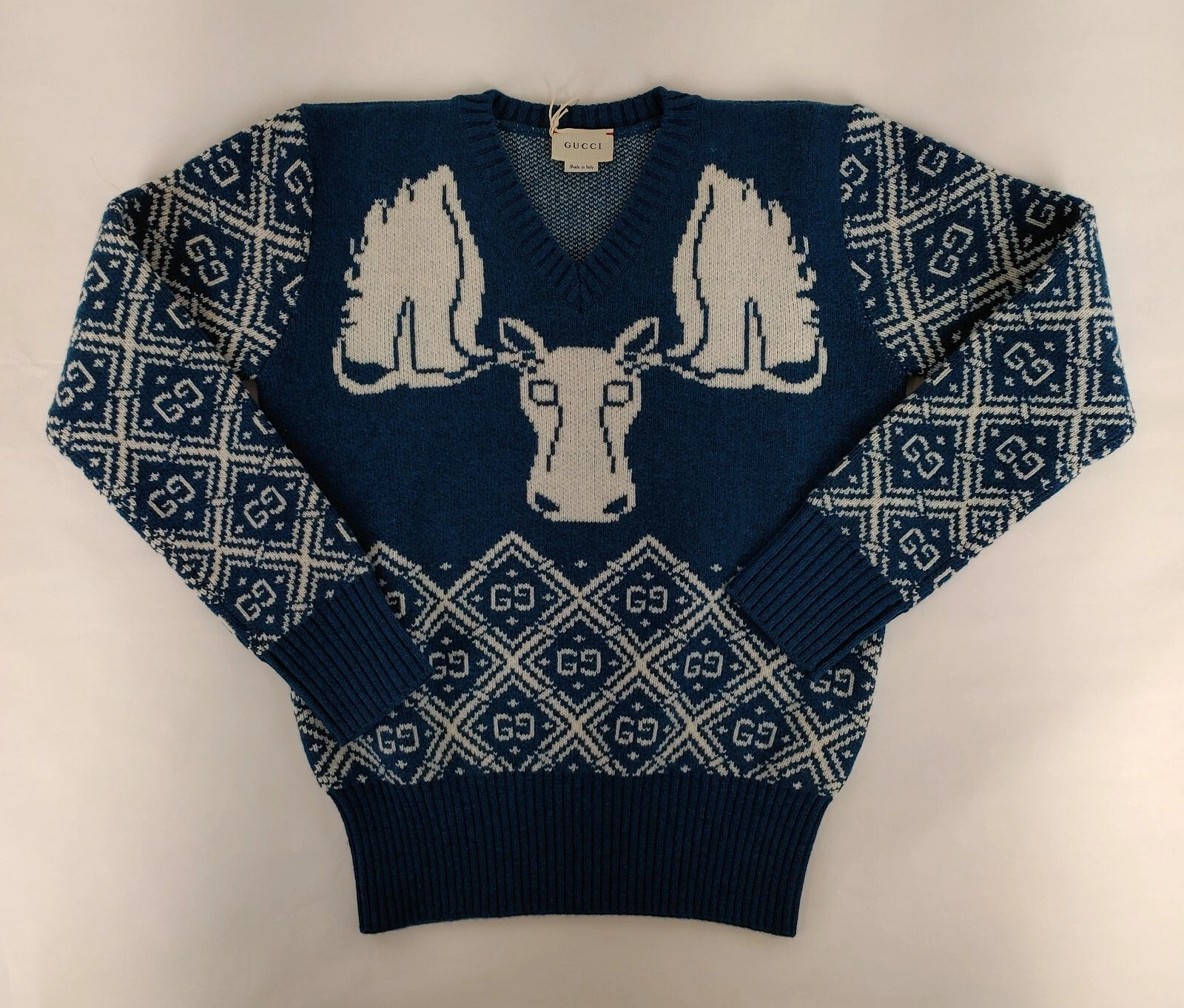 Pull à col en V Gucci garçons laine bleue orignal 10 pour femmes XS 590261 4054