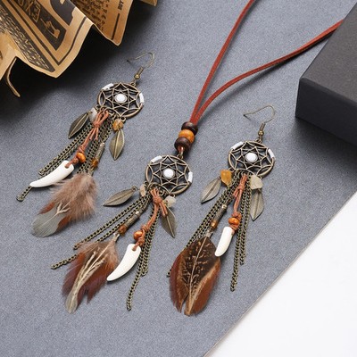 Dream Catcher Feather Tassel Necklace Earrings Set Silver Tone Jewelry