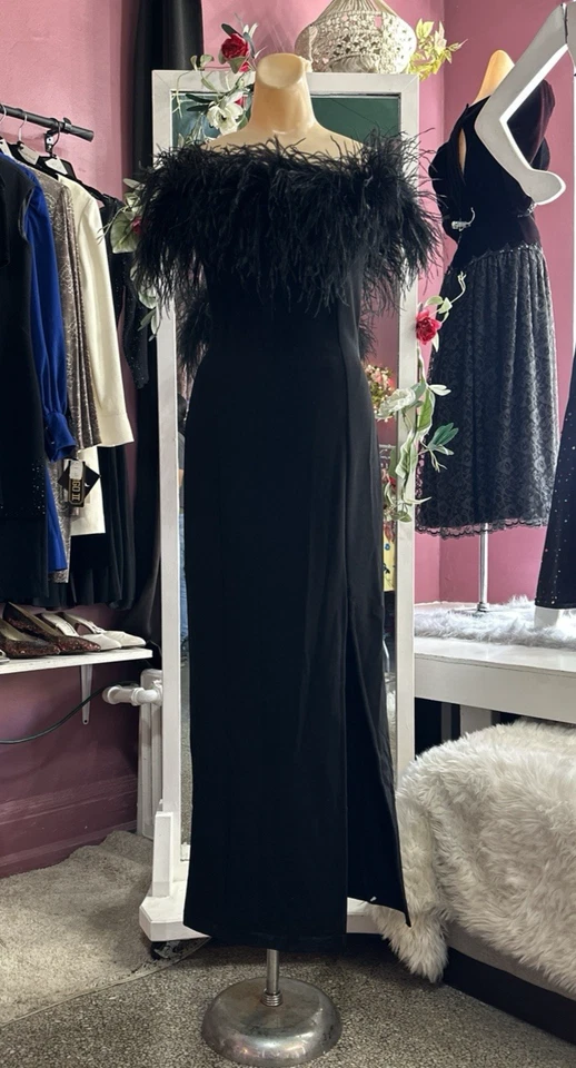 Maxi Vestido Vintage Años 90 Bordado de Plumas Negro Sin Mangas Formal Noche XS/S Foto 2 de 4