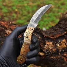 USA Pocket Knife Damascus Folding Karambit Blade Knife-Ram Horn Handle EDC