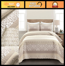 Boho Stripe Reversible Cotton Quilt Set, 3-Piece King Bedding, Colorful Neutral