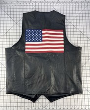 Vtg Real Work Wear Leather Biker Vest XL American Flag Back Patch Motorcycle