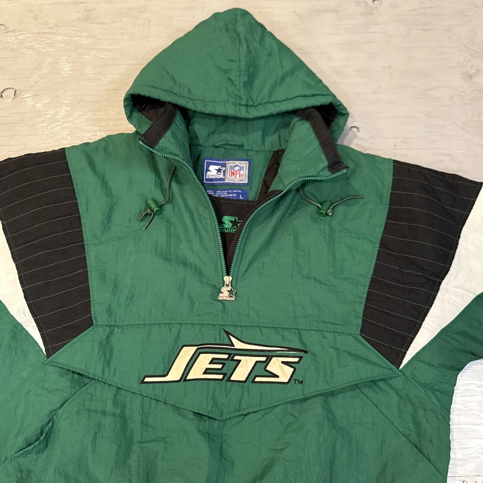 Chaqueta de fútbol americano vintage de los 90 NFL Starter New York Jets 1/2 cremallera con capucha talla grande Foto 4 de 4