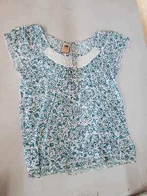 Faded Glory Blouse  Blue White Floral Peasant Top Size Small