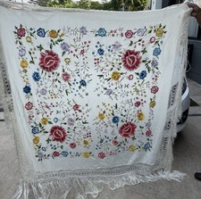 Vintage Chinese Embroidery Piano Shawl 140 X 140 Fringe 40 Cm