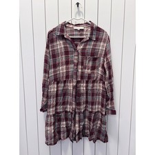 90s Grunge Shirt Dress Women LP Burgundy Plaid Tiered Button Down Rustic Y2K