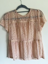 Women's blush pink lace babydoll sheer short-sleeve top, size S, fairy, coquette