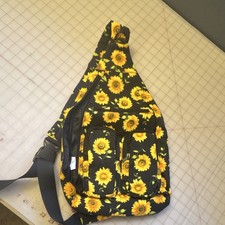 Sunflower Print Sling Bag Black Yellow Adjustable Strap Zipper Pockets