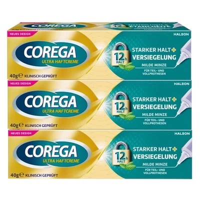 3x 40g COREGA Ultra Haftcreme starker Halt + Versiegelung Rundumschutz