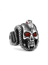 Seven Seas Pirates Cobra Skull Ring Stainless Steel with Simulated Red Ruby