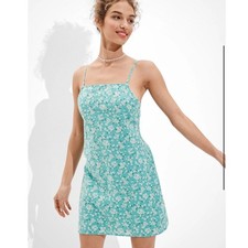American Eagle Blue Floral Tie Back Mini Dress Size L Square Neck Sundress
